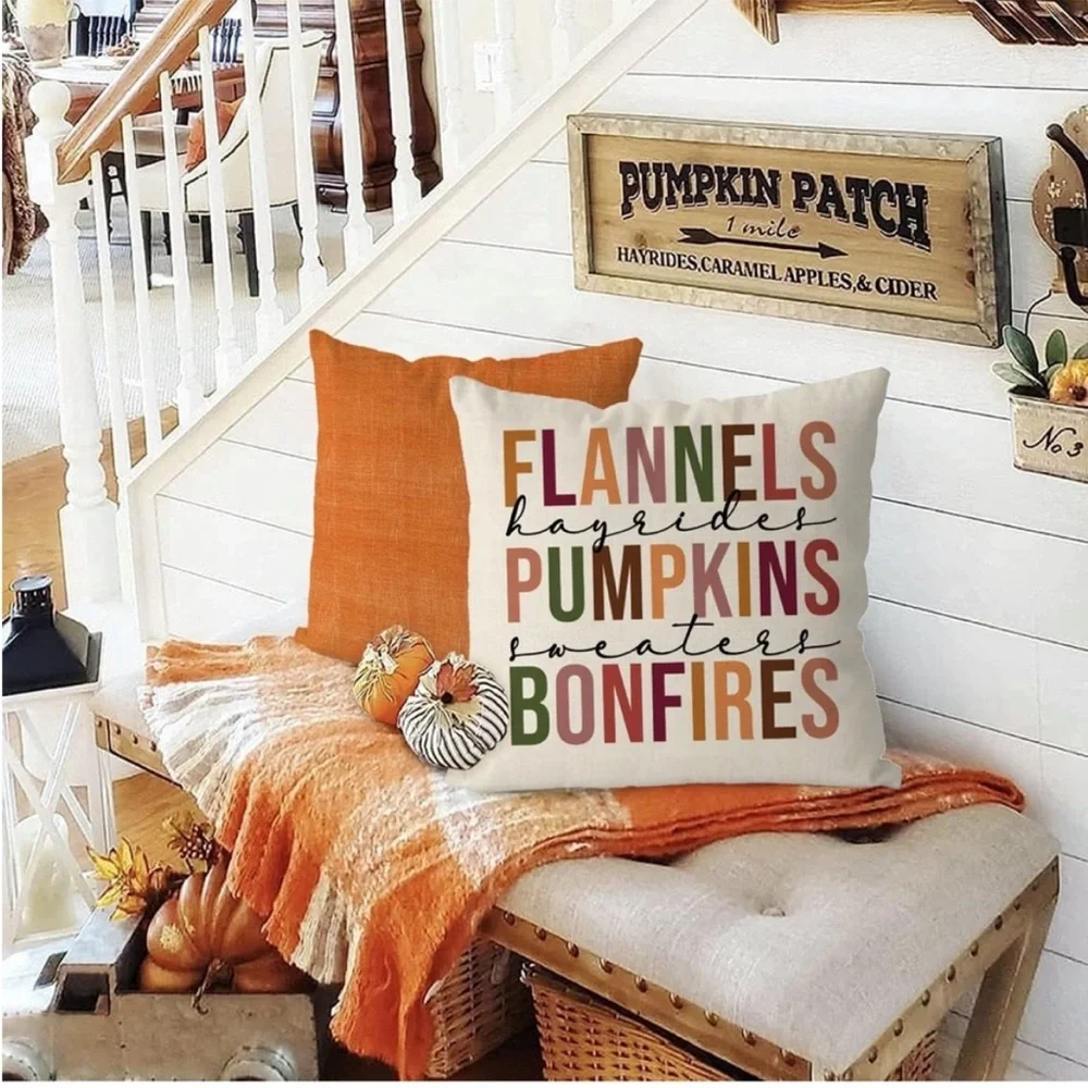 •NWT GAGE Fall Pillow COVER 18×18 Flannels Pumpkins Bonfires Autumn Holiday
